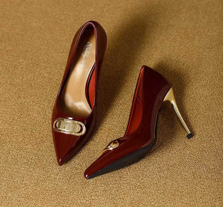 French Style Single Shoes Spring Women Pumps New Pointed Toe Shallow Mouth Metallic Buckle Commuting Shoes Stiletto Single Shoes