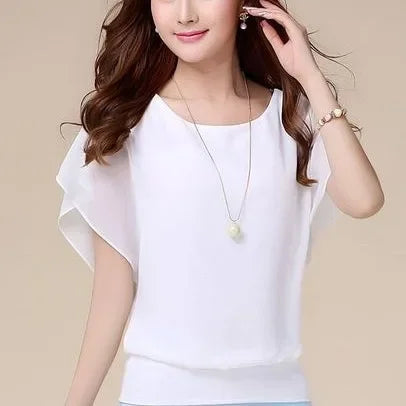 New Spring Summer 2024 Plus Size Women's Clothing Chiffon Short Sleeve Bat Wing Shirt Loose Fit Slimming T-Shirt For Women Natalia Home Fashion    Natalia Home Fashion