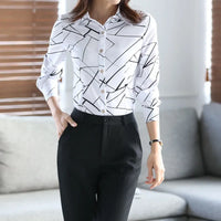 2025 New Women's White Striped Blouse Korean Slim Long Sleeve Printted Turn Down Collar Shirts Single-breasted Office Lady Shirt