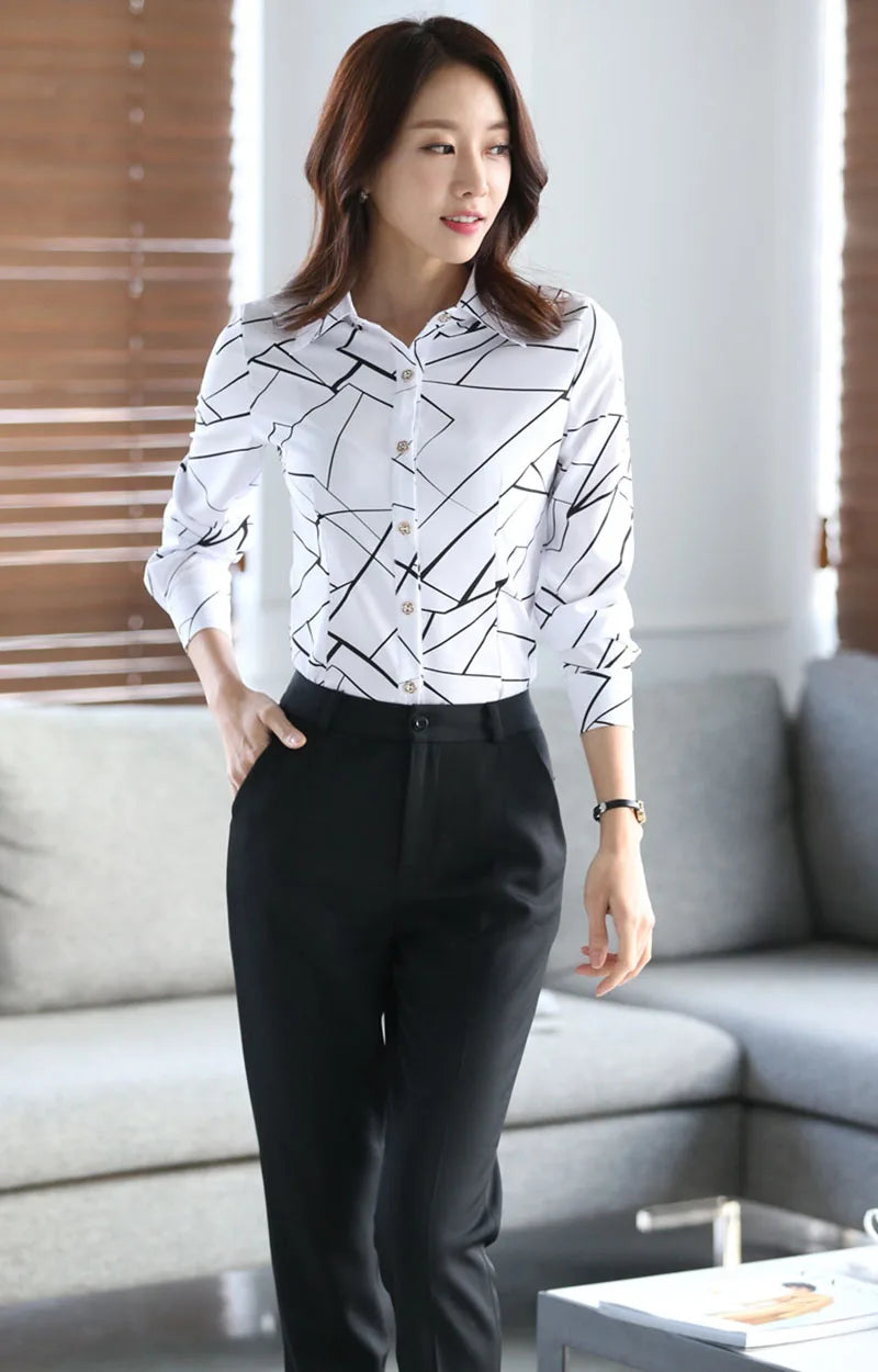 2025 New Women's White Striped Blouse Korean Slim Long Sleeve Printted Turn Down Collar Shirts Single-breasted Office Lady Shirt