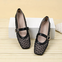 Fishnet Ballet Flats Square Toe Breathable Hollow Mesh Sandals Casual and Comfortable Mary Jane Shoes
