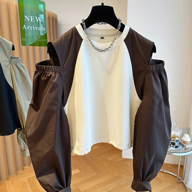 Contrast Color Tops Women Loose Casual Long Sleeve O Neck Off Shoulder Preppy All Match shirts