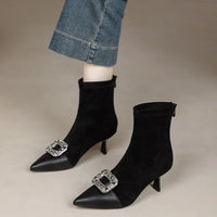 Fashionable Slim Fit Diamond Decorated Pointed Toe High Heel Bootie Mid-Calf Zipper Closure Leather Boot for Women