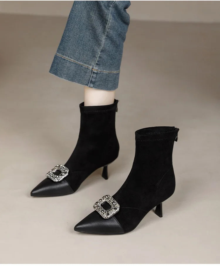Fashionable Slim Fit Diamond Decorated Pointed Toe High Heel Bootie Mid-Calf Zipper Closure Leather Boot for Women