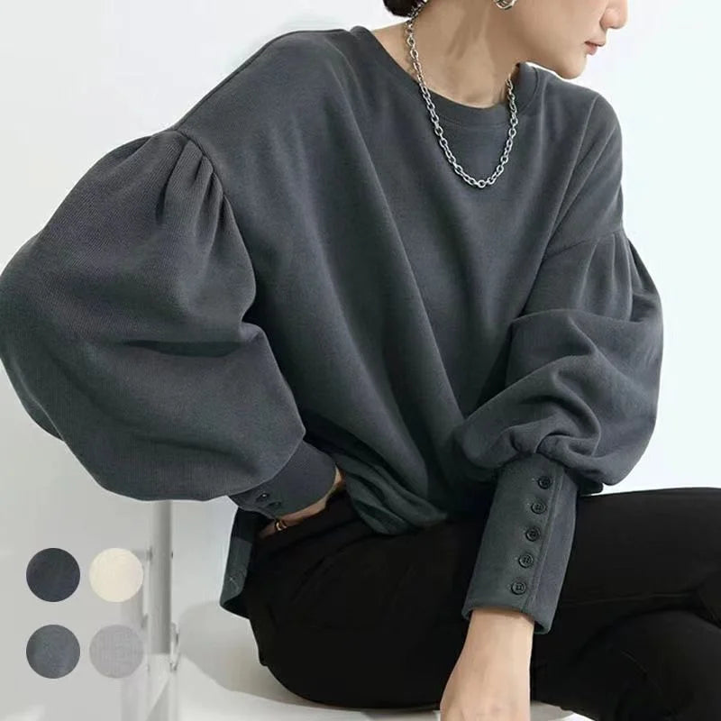 Long-sleeved T-shirt Versatile Outer Casual Top Women's Simple Lantern Sleeves Solid Color Loose Round Neck Women's shirt