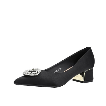 Soft Leather Black Pointed Toe Work Shoes Spring Autumn New Style Comfortable Thick Heel Professional Soft Bottom Shoes