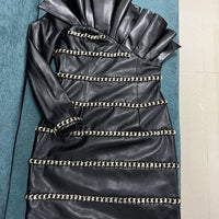 Elegant Socialite Fashion New Heavy Chain Three-Dimensional Ruffle Off-Shoulder Leather Dress Sexy Mini Dress