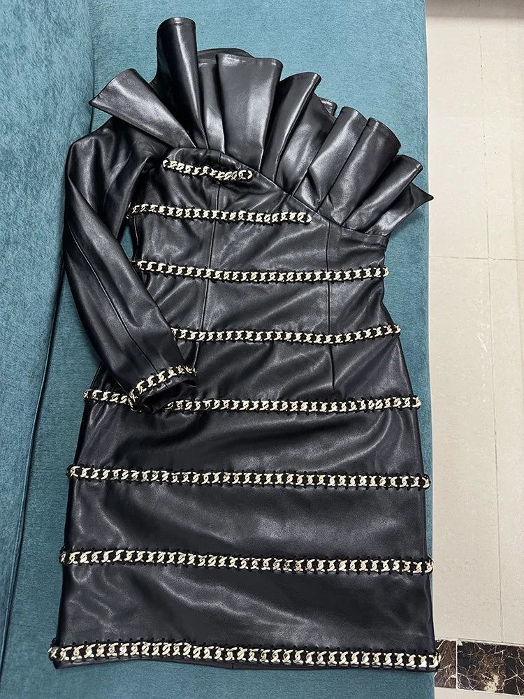 Elegant Socialite Fashion New Heavy Chain Three-Dimensional Ruffle Off-Shoulder Leather Dress Sexy Mini Dress