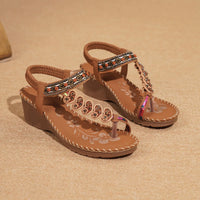 Bohemian Style Women's Sandals Summer Fashion Beach Slope Heel Slippers Beaded Diamond Slip-On round Toe PU Lined Mid Heel