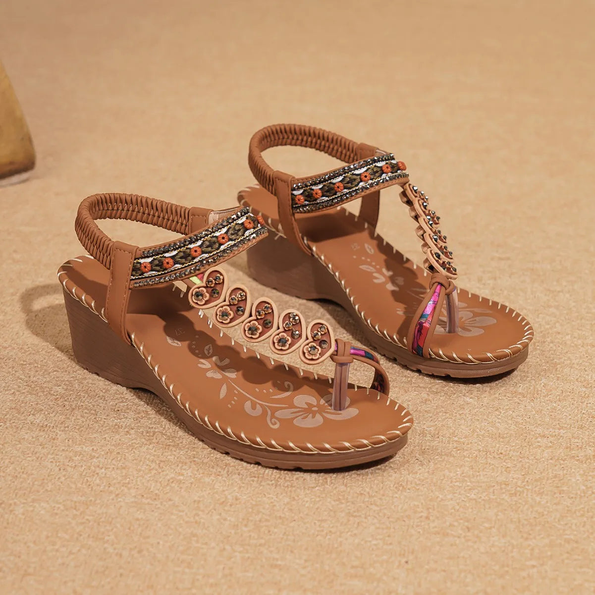 Bohemian Style Women's Sandals Summer Fashion Beach Slope Heel Slippers Beaded Diamond Slip-On round Toe PU Lined Mid Heel
