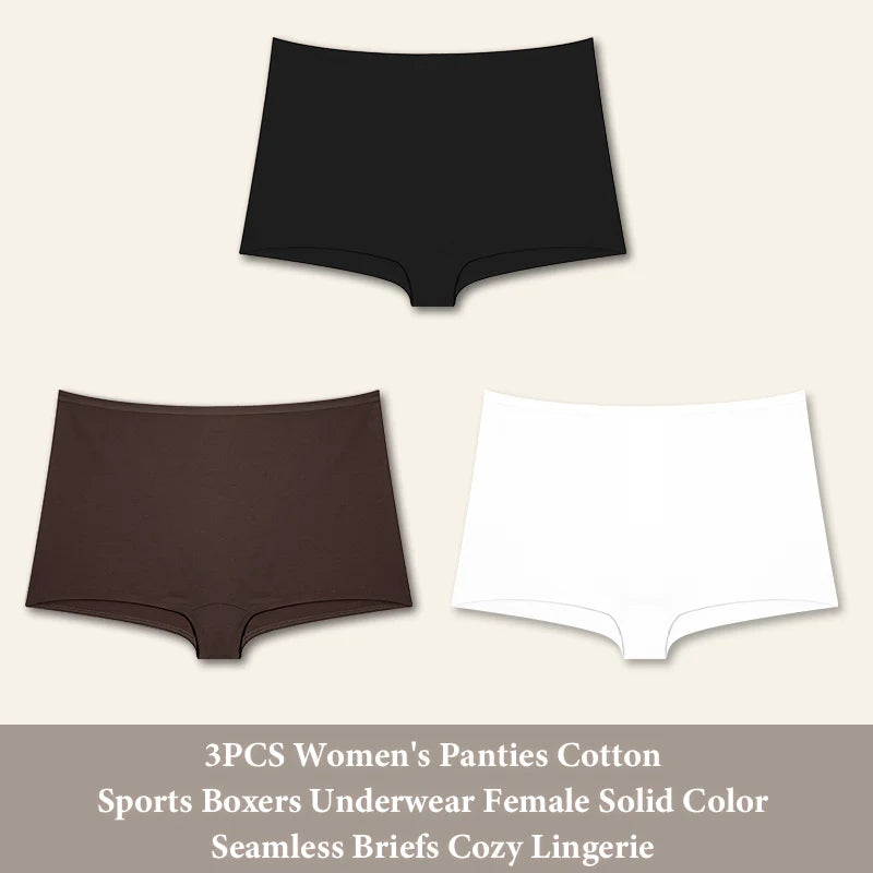 3PCS Women's Panties Cotton Seamless Sports Boxers Underwear Female Solid Color Briefs Cozy Lingerie Intimate Underpants