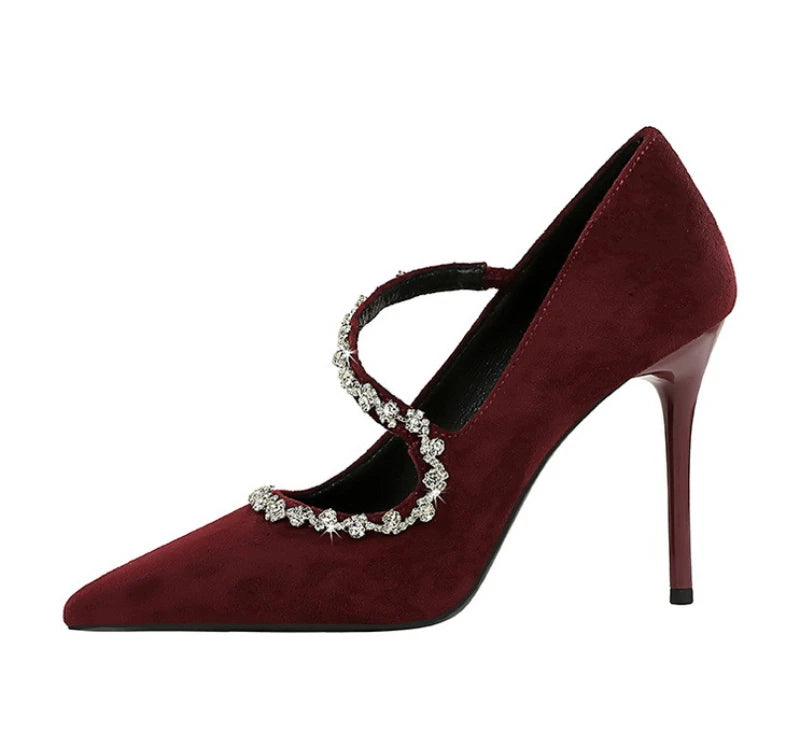 Banquet Pointed Toe High Heels Diamond Chain One-Strip Thin Heel Super High Heels Light Mouth Elegant Lace-Up