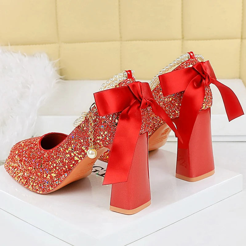 Pearl Chain Design Women Pumps Sequin Platform high heels Square head Thick heeled shoes with Women heels