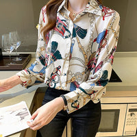 Fashion chain print ladies shirts Spring Women Blouses Long Sleeve Shirts Tops