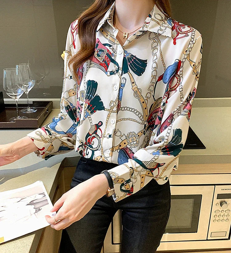 Fashion chain print ladies shirts Spring Women Blouses Long Sleeve Shirts Tops