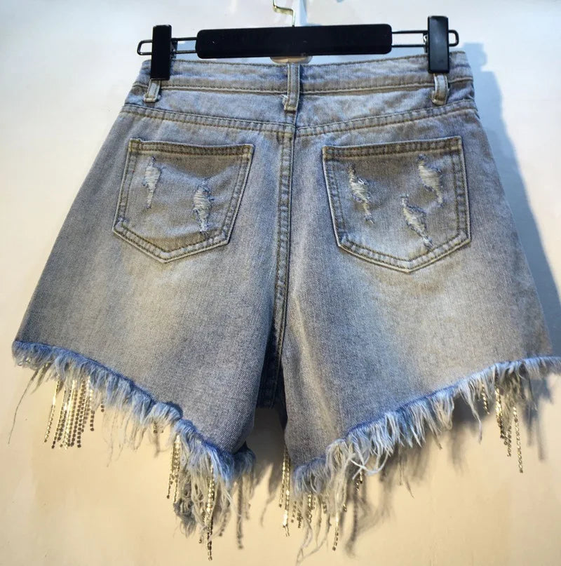 Denim Shorts Women Hole Ripped Jeans Tassels Diamonds Sexy Washed Distressed High Waist Streetwear Straight Short Pants