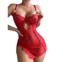 Sexy Embroidered Lace See-through Nightgown Set Two-Piece Fun Intimate Underwear Strapless Mini Skirt Polyester Fiber Thin Fabric