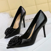 Patent Leather Flowers Women Pumps Sexy Pointed Toe Thin Low Heels Wedding Elegant Party Shoes Natalia Home Fashion   Black-10CM-41 Natalia Home Fashion