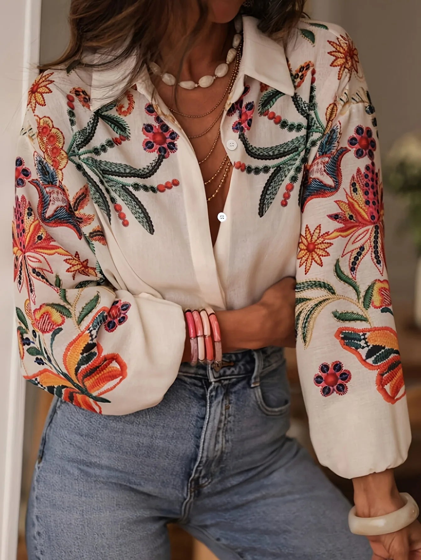 Women's Printed Shirt Long Sleeve Loose Button Cardigan Top Trendy Fashion Casual Blouses for Female