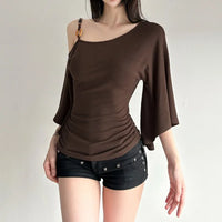 Retro Spice Girl T-shirt Collar Pleated Off Shoulder Beaded Slanted Short Sleeved Summer Casual Slimming Fit Top for Women