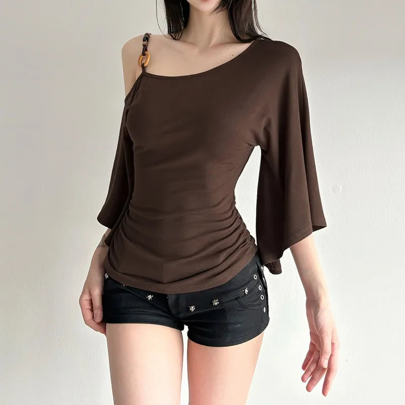 Brown Retro Spice Girl T-shirt Collar Pleated Off Shoulder Beaded Slanted Short Sleeved Summer Casual Slimming Fit Top for Women