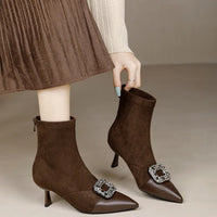 Fashionable Slim Fit Diamond Decorated Pointed Toe High Heel Bootie Mid-Calf Zipper Closure Leather Boot for Women