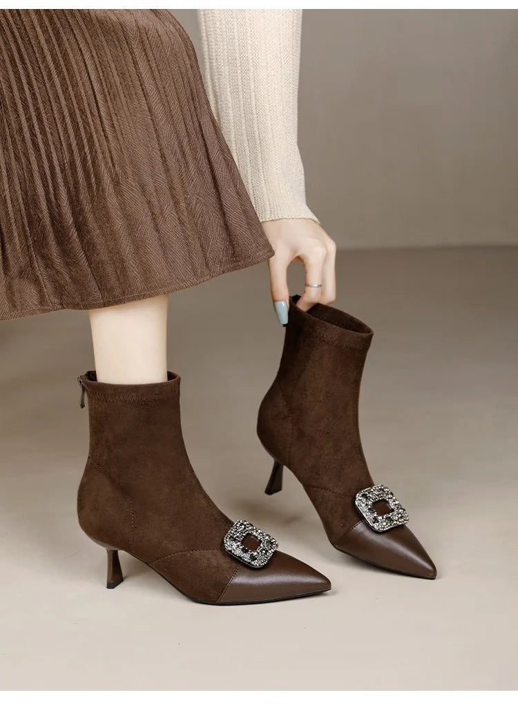 Fashionable Slim Fit Diamond Decorated Pointed Toe High Heel Bootie Mid-Calf Zipper Closure Leather Boot for Women