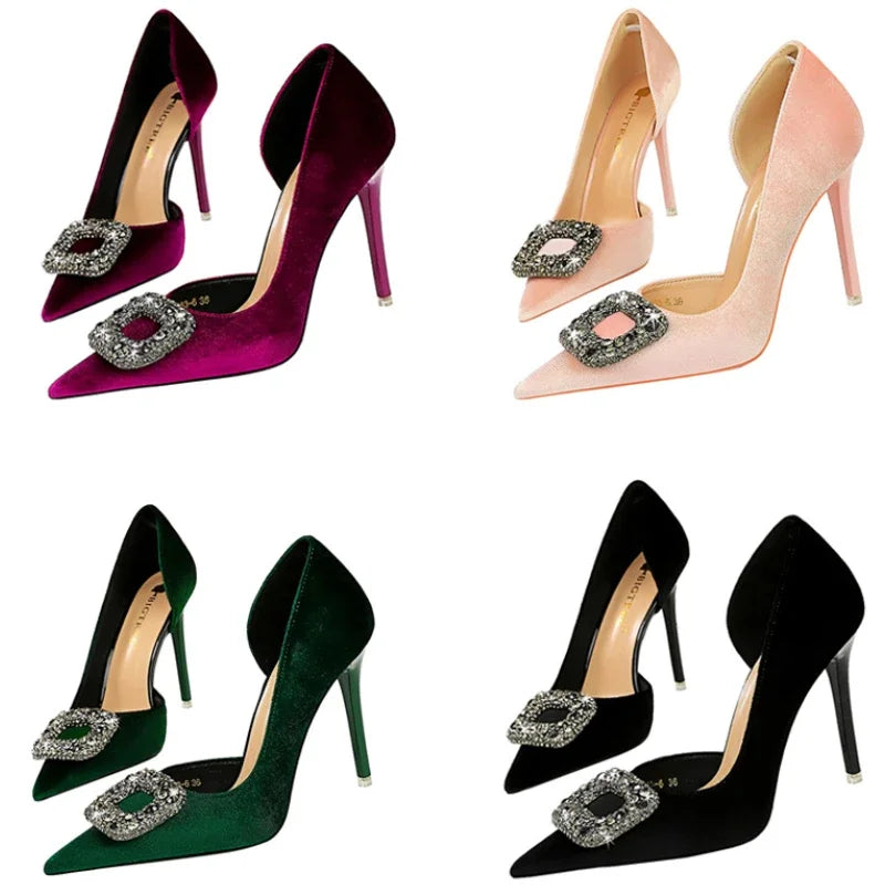 Women 10.5cm Super High Heels Pointed Toe Side Hollow Work Pumps Metal Crystal Buckle Velvet Stiletto Fashion Banquet Lady Shoes