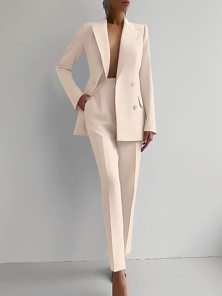 Women Fashion Solid Pant Suits, Office Lady Elegant V-Neck Long Sleeve Blazer Set, Pencil Pants Slim Ladies Outfit