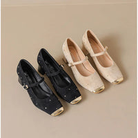 Retro Square Head Mary Jane Shoes Women Comfortable Slip-On High Heels Casual Velvet Upgraded Rubber Sole