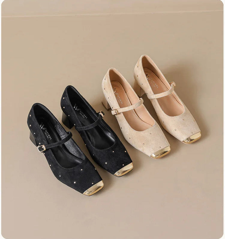 Retro Square Head Mary Jane Shoes Women Comfortable Slip-On High Heels Casual Velvet Upgraded Rubber Sole