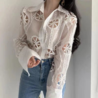 Mesh Hollow Out Women's Blouse Long Sleeve Embroidery Floral Women Shirts Button Up Woman Tops Streetwear Clothes