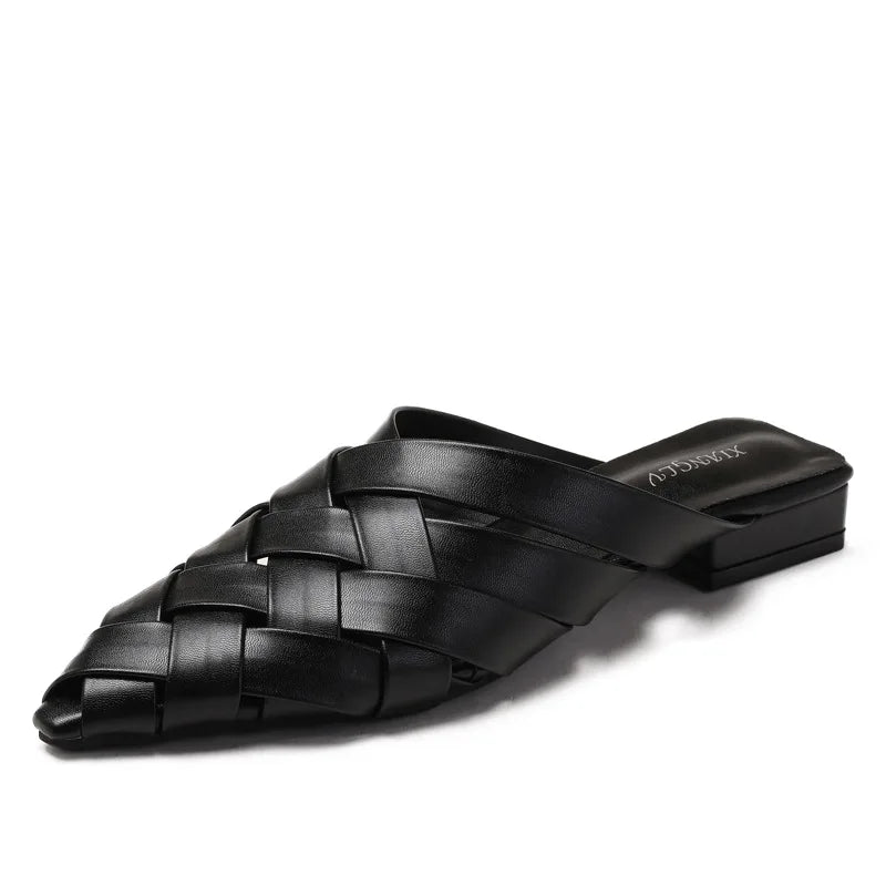 Hollow Woven Pointed Cool Slippers Women's Summer Thick Heel Outer Wear Bag Head Half Slippers Women Sandals