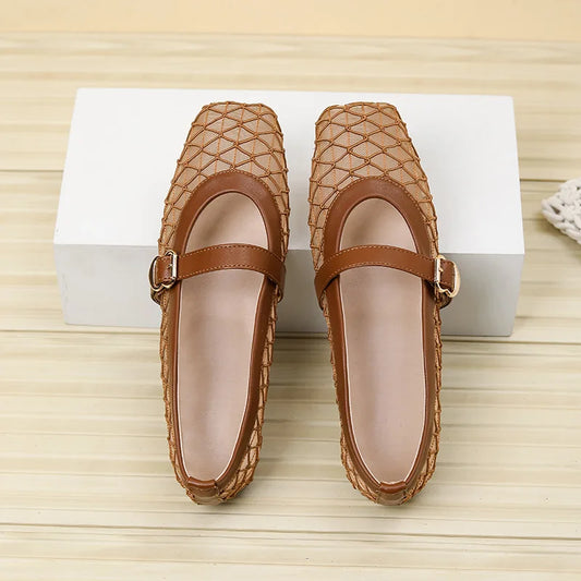 Fishnet Ballet Flats Square Toe Breathable Hollow Mesh Sandals Casual and Comfortable Mary Jane Shoes