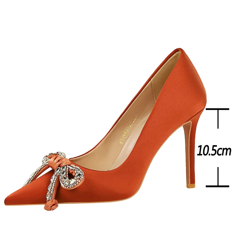 Bowknot Rhinestone Women Pumps silks satins High Heels Stiletto 10.5 cm Luxury banquet shoes Women - Natalia Home Fashion