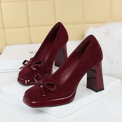 Chunky Block Heels Women Pumps Bow Decoration High Heels Square Headed Platform High Heels Suede Ladies Shoes - Natalia Home Fashion