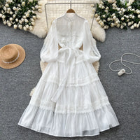 Elegant Hollow Out Organza Long Maxi Dresses Shirt Women  Layer Ruffle Full Sleeve Pearl Evening Party Dress