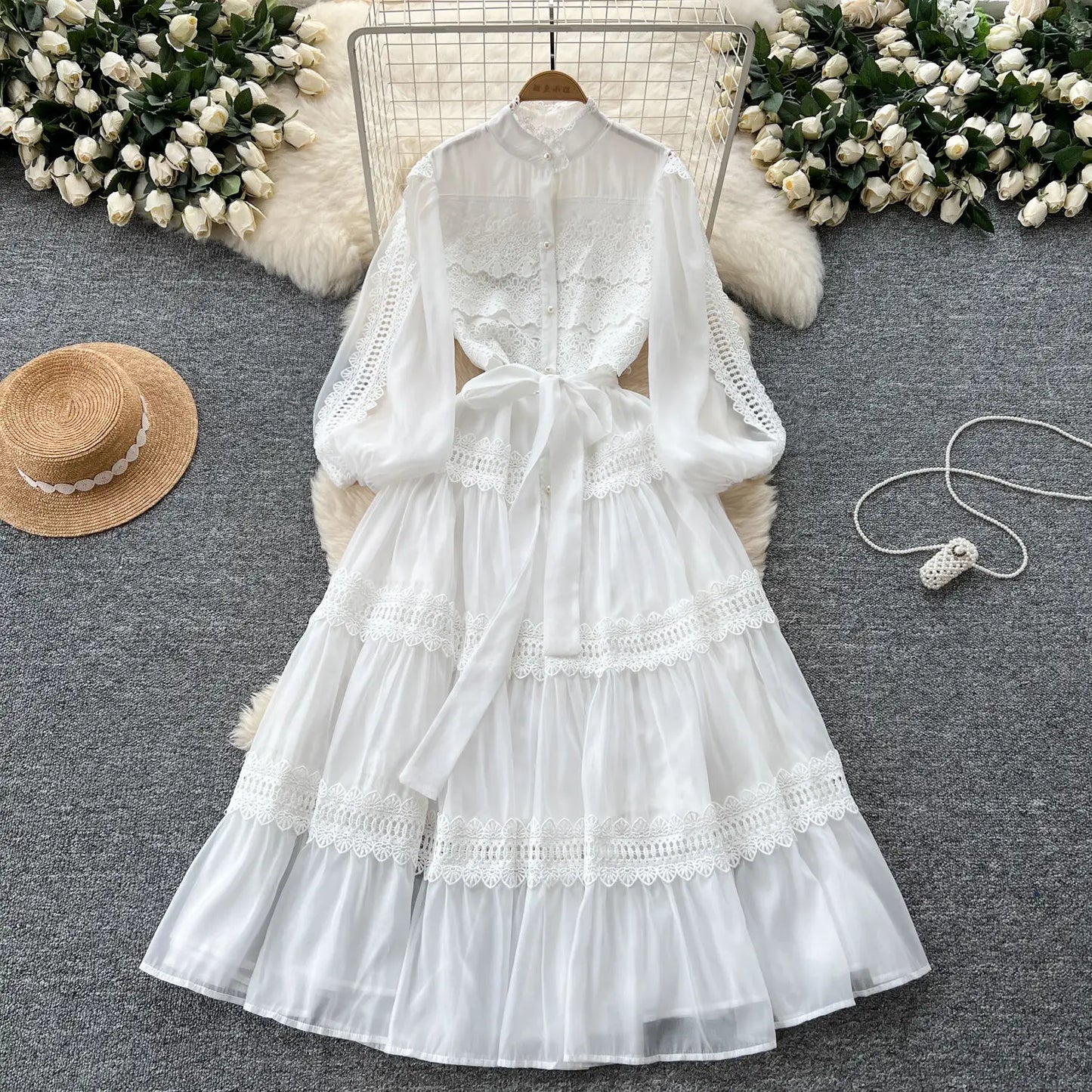 Elegant Hollow Out Organza Long Maxi Dresses Shirt Women  Layer Ruffle Full Sleeve Pearl Evening Party Dress