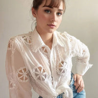 Mesh Hollow Out Women's Blouse Long Sleeve Embroidery Floral Women Shirts Button Up Woman Tops Streetwear Clothes
