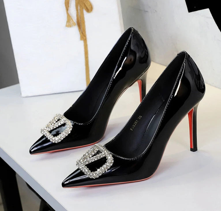 Banquet Pointed High Heels, Shallow Metal Rhinestone Thin Heel Patent Leather High Heels