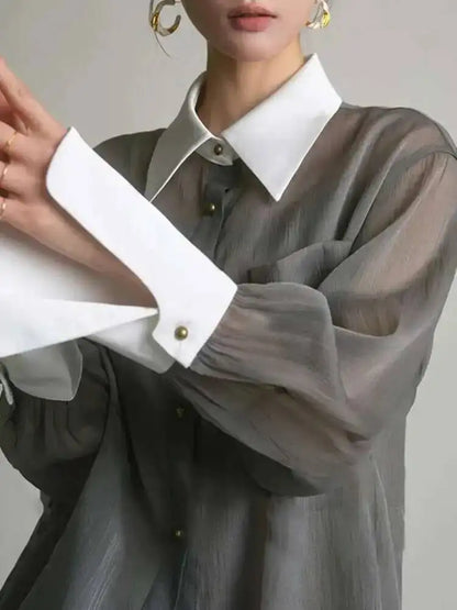 Sunscreen Shirt With Sling Top Women Lapel Single Breasted Long Sleeves Stitching Loose Clothes