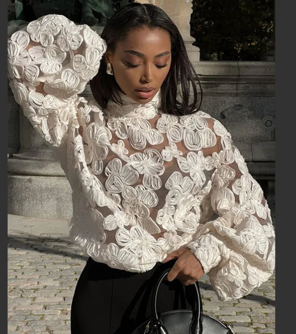 Luxury Fashion Jacquard See-through Shirts Women 3D Flower Long Sleeve Blouse Patchwork Tops Loose Design Lady Outerwear