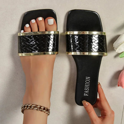 Summer Women Slippers Fashion Flat Heels Open Toe Sandals Ladies Luxury Beach Square Toe Casual Slippers Women Slides Women Natalia Home Fashion    Natalia Home Fashion