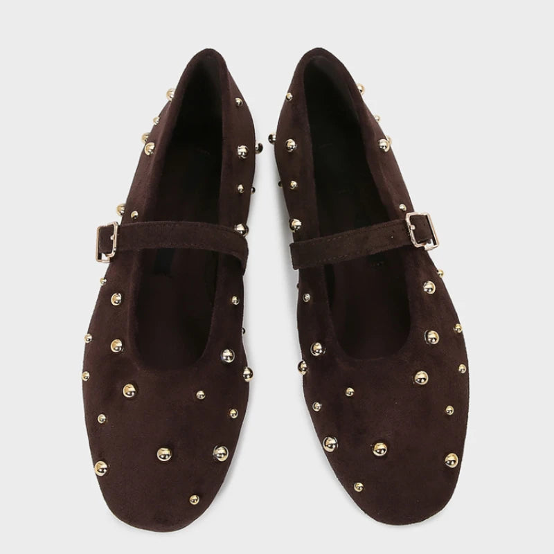 Round Toe Rivets Women Mary Jane Shoes Brown Faux Suede Metal Belt Non-slip Soft Sole Retro Design Ladies Flats
