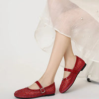 French-style rhinestone mesh Mary Jane shoes, breathable shallow single shoes, fairy-style soft-soled flat shoes