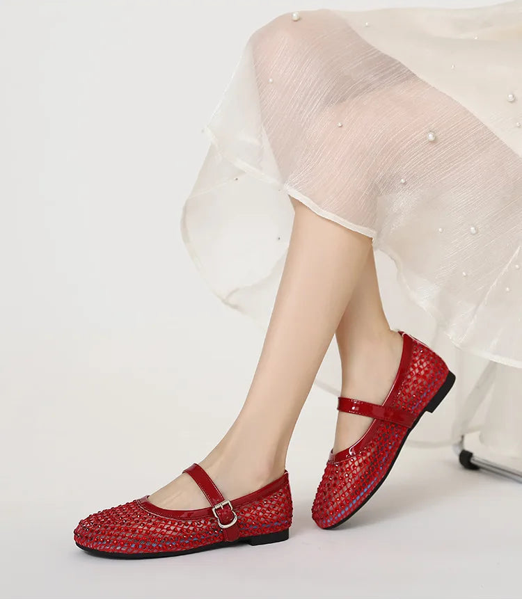 French-style rhinestone mesh Mary Jane shoes, breathable shallow single shoes, fairy-style soft-soled flat shoes