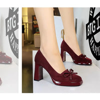 Chunky Block Heels Women Pumps Bow Decoration High Heels Square Headed Platform High Heels Suede Ladies Shoes