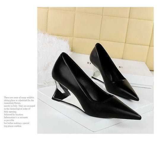 Spring Fashion Pointed Toe Pumps Woman Metal Decoration Wedges Heels Elegant Ladies Shoes
