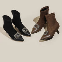 Fashionable Slim Fit Diamond Decorated Pointed Toe High Heel Bootie Mid-Calf Zipper Closure Leather Boot for Women