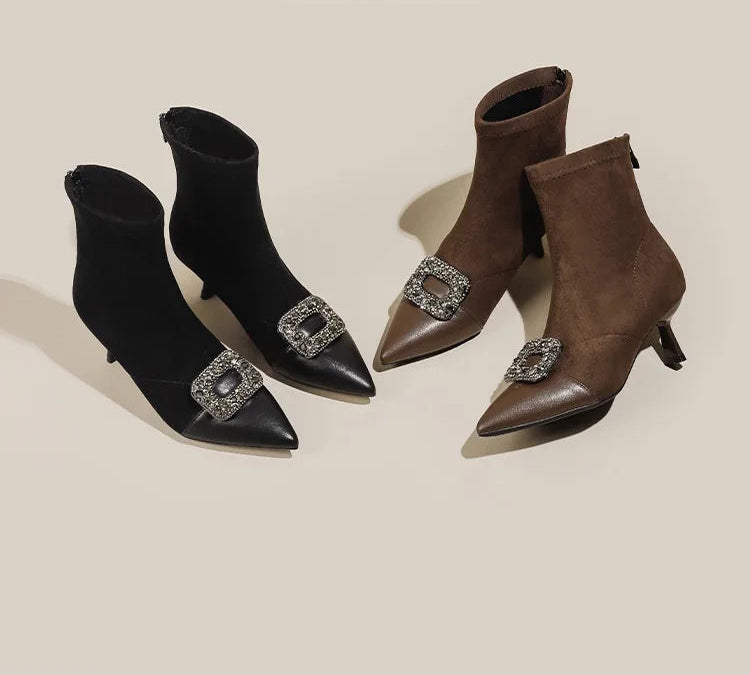 Fashionable Slim Fit Diamond Decorated Pointed Toe High Heel Bootie Mid-Calf Zipper Closure Leather Boot for Women